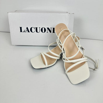 LACUONE Strappy Heels for women Block Heels Square Toe Chunky Ankle, Size 8.5