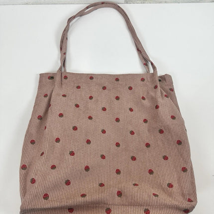 Pink Corduroy Tote Bag Strawberry Pattern Large 13"x12" Shoulder Bag Purse