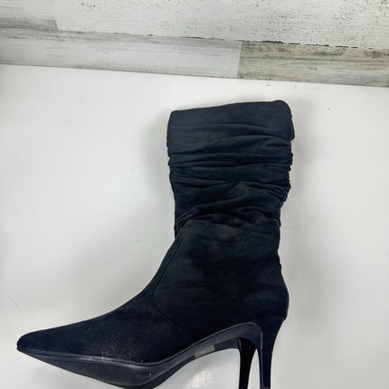 Meleell Chic Knee - Height Boots Black Suede Pointed Toe Stack Heel Siz 13 Wide