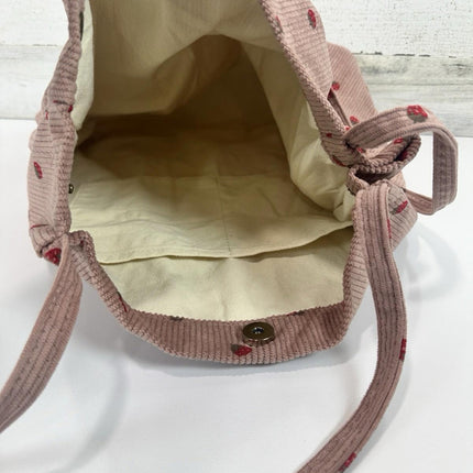 Pink Corduroy Tote Bag Strawberry Pattern Large 13"x12" Shoulder Bag Purse