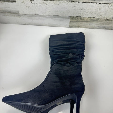 Meleell Chic Knee - Height Boots Black Suede Pointed Toe Stack Heel Siz 13 Wide