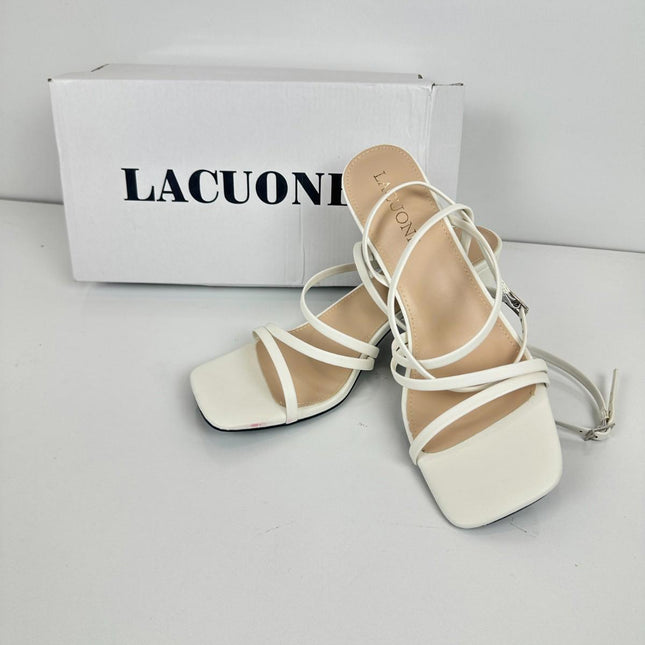 LACUONE Strappy Heels for women Block Heels Square Toe Chunky Ankle, Size 8.5