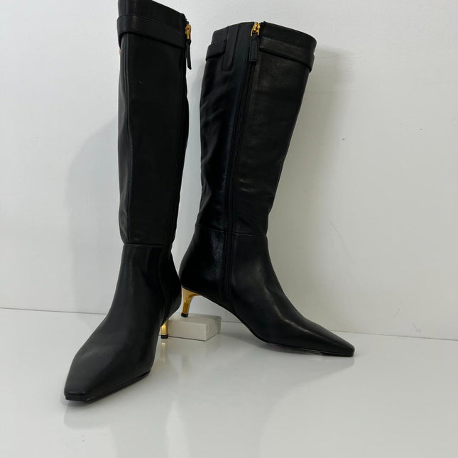 Donna Karan New York Women's Clari Tall Boot Black Leather Gold Heel Size 7 NIB