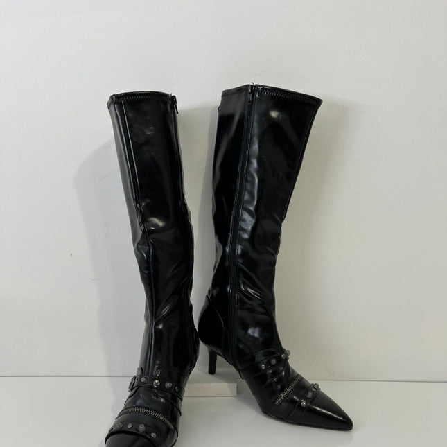 Wild Pair Monro Women's Buckle Knee High Boots, Black Crinkle, Size 9.5M