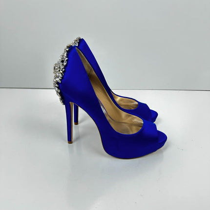 Badgley Mischka - Kiara Crystal Pumps, Peep Toe, Sapphire Satin, Size 6, Women's