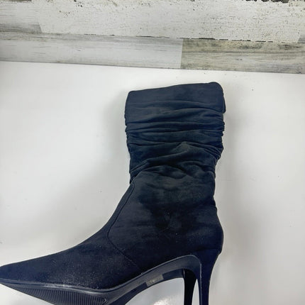 Meleell Chic Knee - Height Boots Black Suede Pointed Toe Stack Heel Siz 13 Wide