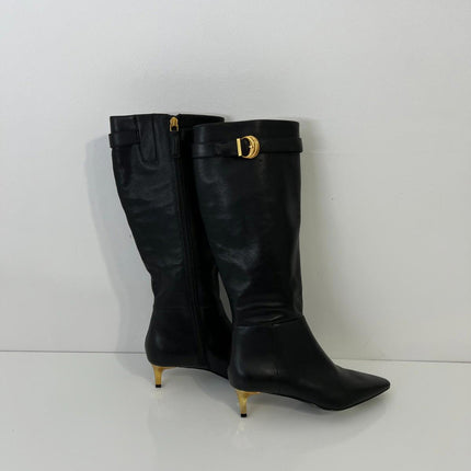 Donna Karan New York Women's Clari Tall Boot Black Leather Gold Heel Size 7 NIB