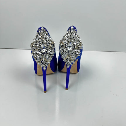 Badgley Mischka - Kiara Crystal Pumps, Peep Toe, Sapphire Satin, Size 6, Women's