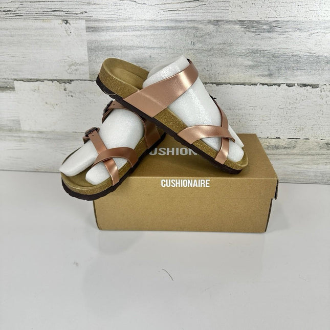 CUSHIONAIRE Women's Leah Crossover Strap Cork Footbed Rose Gold Sandal Size 8 M