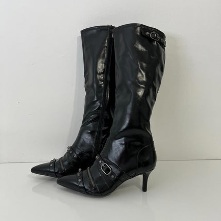 Wild Pair Monro Women's Buckle Knee High Boots, Black Crinkle, Size 9.5M