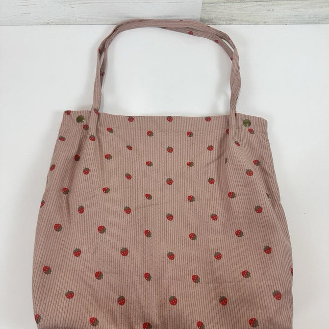Pink Corduroy Tote Bag Strawberry Pattern Large 13"x12" Shoulder Bag Purse