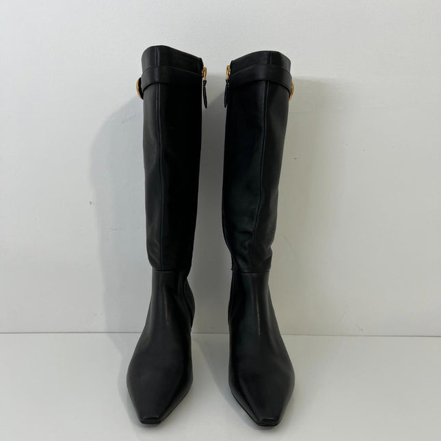 Donna Karan New York Women's Clari Tall Boot Black Leather Gold Heel Size 7 NIB