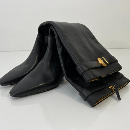 Donna Karan New York Women's Clari Tall Boot Black Leather Gold Heel Size 7 NIB
