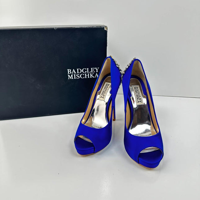 Badgley Mischka - Kiara Crystal Pumps, Peep Toe, Sapphire Satin, Size 6, Women's