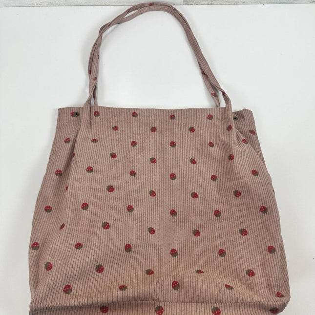 Pink Corduroy Tote Bag Strawberry Pattern Large 13"x12" Shoulder Bag Purse