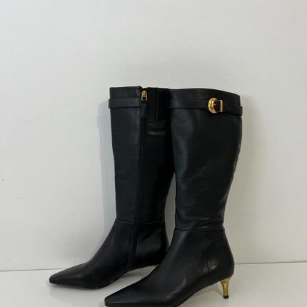 Donna Karan New York Women's Clari Tall Boot Black Leather Gold Heel Size 7 NIB