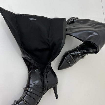 Wild Pair Monro Women's Buckle Knee High Boots, Black Crinkle, Size 9.5M