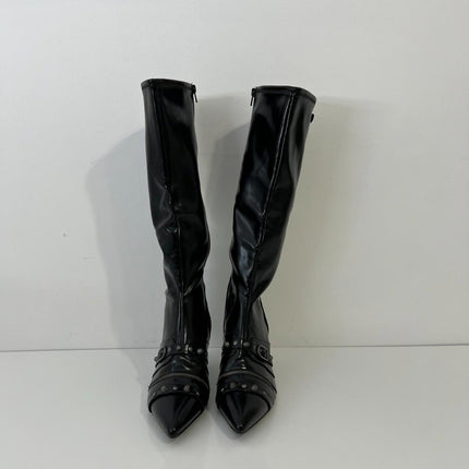 Wild Pair Monro Women's Buckle Knee High Boots, Black Crinkle, Size 9.5M