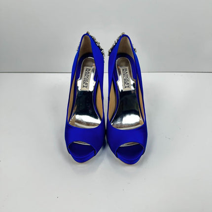 Badgley Mischka - Kiara Crystal Pumps, Peep Toe, Sapphire Satin, Size 6, Women's