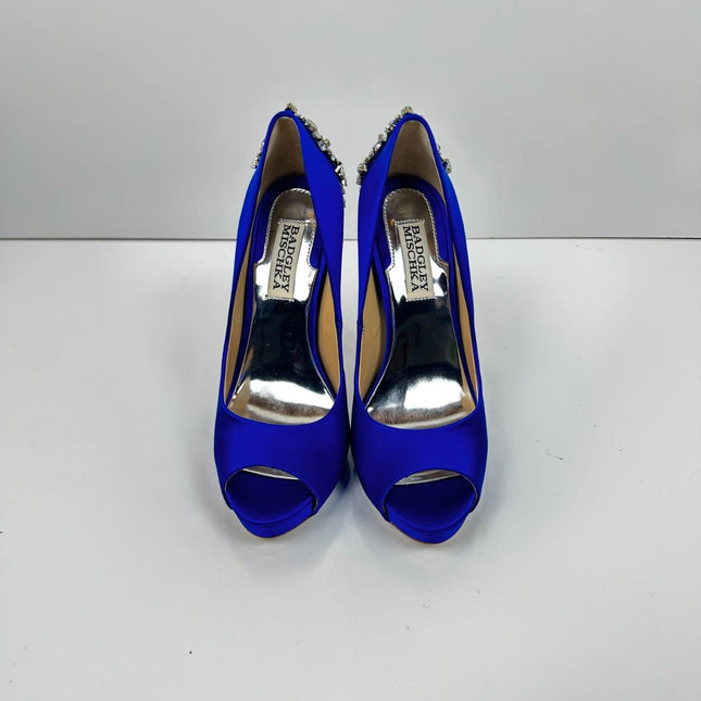 Badgley Mischka - Kiara Crystal Pumps, Peep Toe, Sapphire Satin, Size 6, Women's