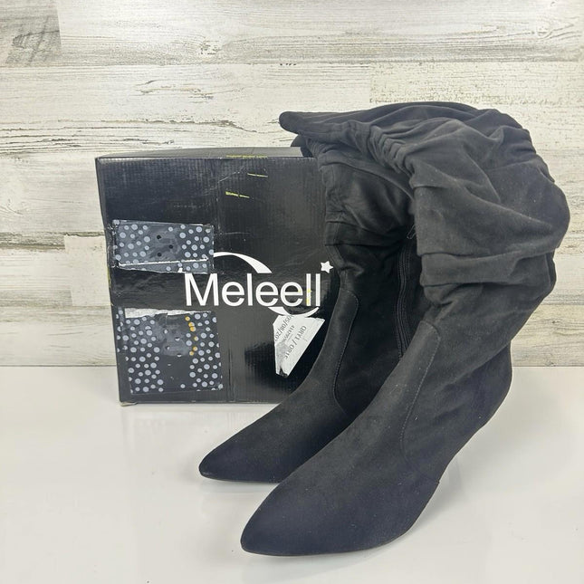 Meleell Chic Knee - Height Boots Black Suede Pointed Toe Stack Heel Siz 13 Wide