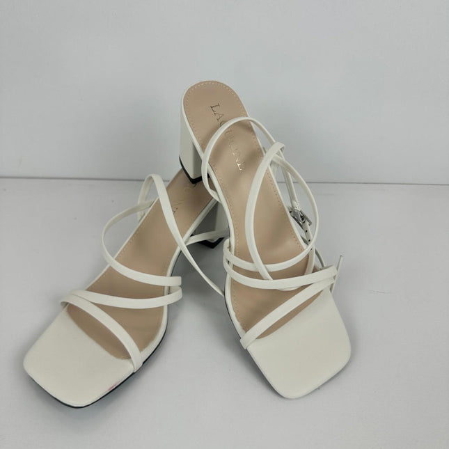 LACUONE Strappy Heels for women Block Heels Square Toe Chunky Ankle, Size 8.5