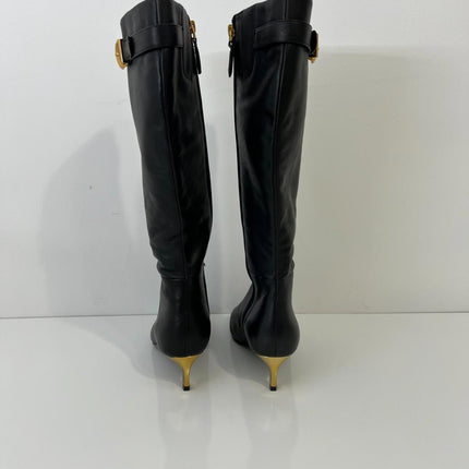 Donna Karan New York Women's Clari Tall Boot Black Leather Gold Heel Size 7 NIB
