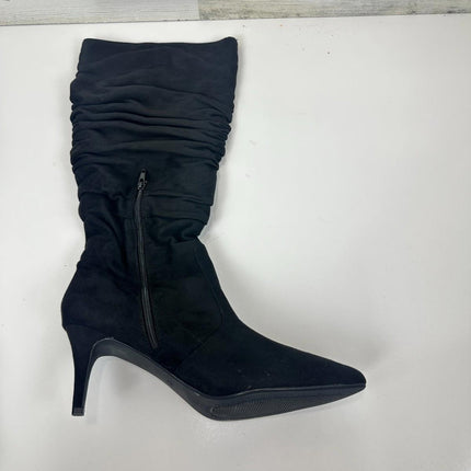 Meleell Chic Knee-High Boots Black Suede Pointed Toe Stack boots Heel Wide SZ 13