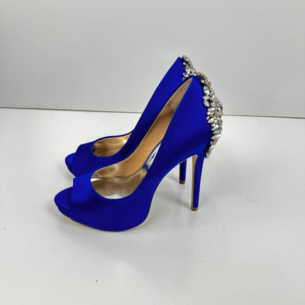 Badgley Mischka - Kiara Crystal Pumps, Peep Toe, Sapphire Satin, Size 6, Women's