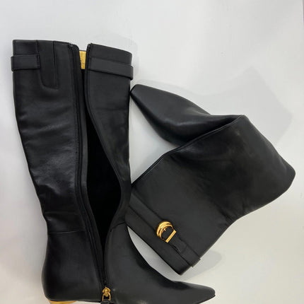 Donna Karan New York Women's Clari Tall Boot Black Leather Gold Heel Size 7 NIB