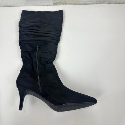 Meleell Chic Knee - Height Boots Black Suede Pointed Toe Stack Heel Siz 13 Wide